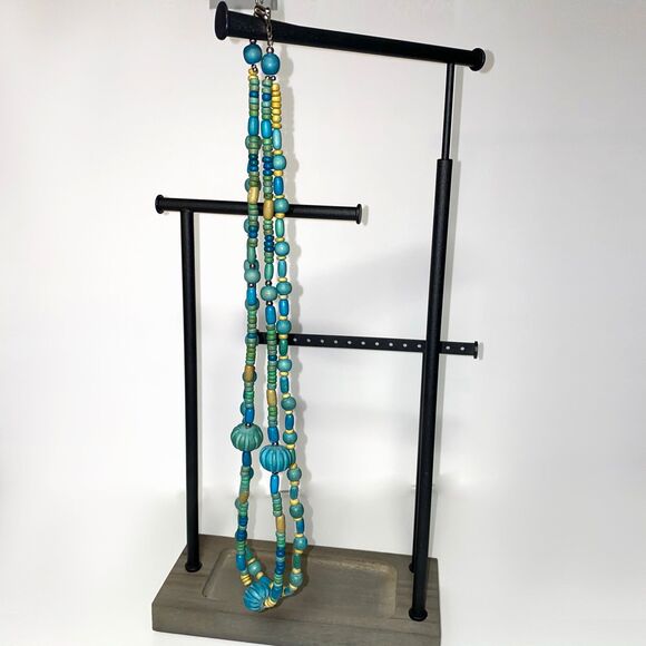 Vintage Teal Beige Wood Necklace Multi Strand Beads Boho Layered Beaded - Picture 4 of 8